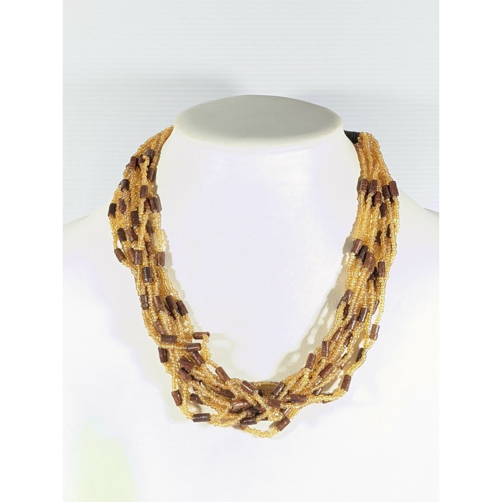 Brown Corded Glass and Wood Bead Multi Strand Choker Necklace Tribal 20 in